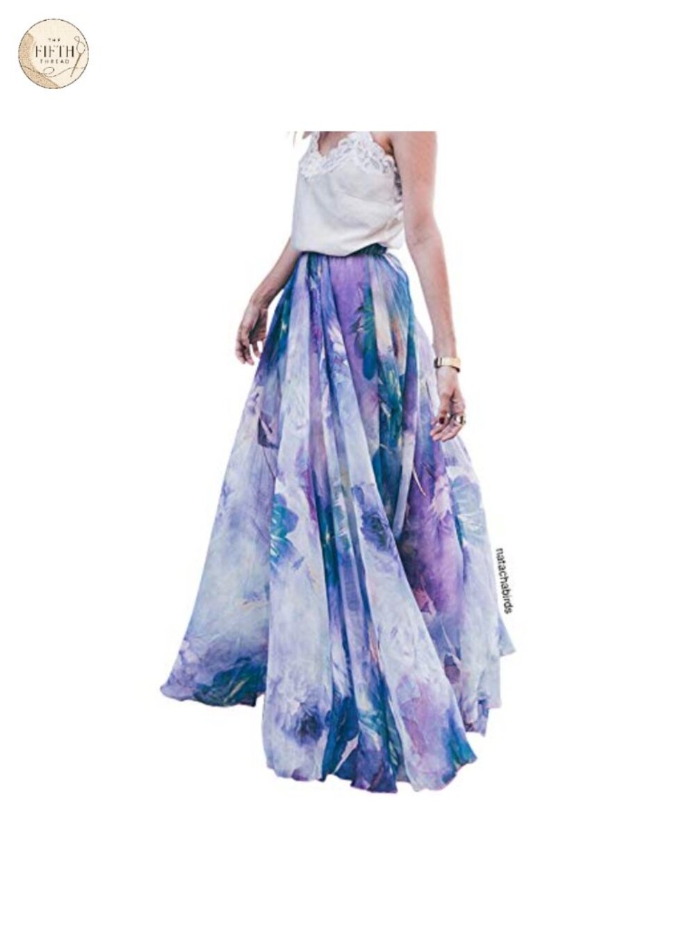 Women's Floral Watercolor Maxi Chiffon Slip Skirt Pleated Elastic Waist
